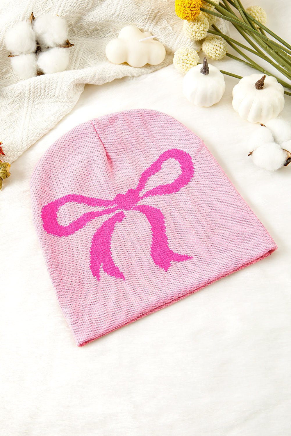 Pink Bow Print Knitted Beanie Hat