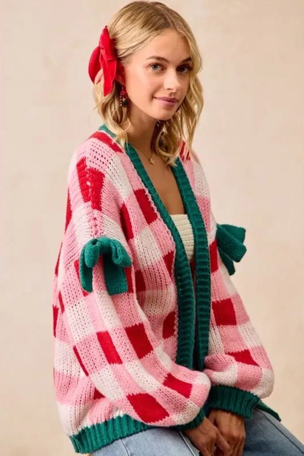 Pink Colorblock Checkered Open Front Knit Cardigan