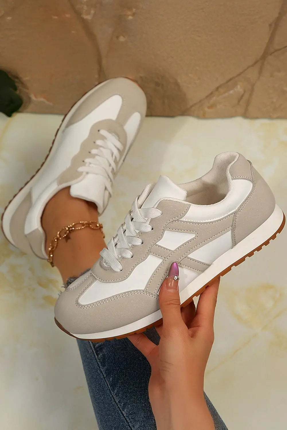 Pink Contrast Lace Up Round Toe Sneakers