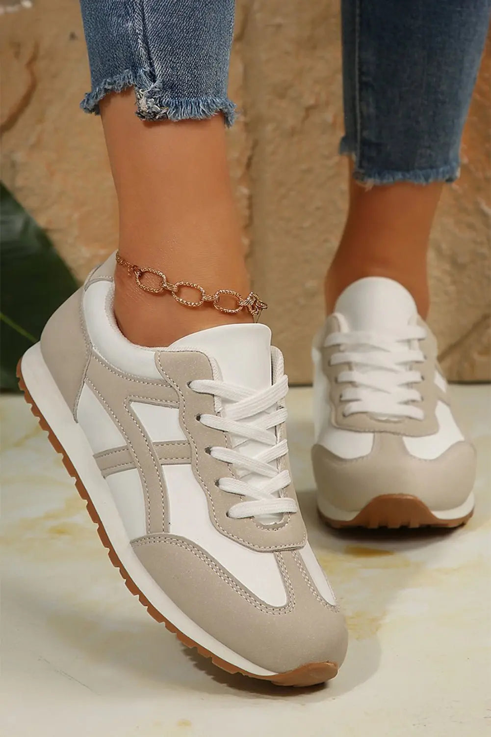 Pink Contrast Lace Up Round Toe Sneakers