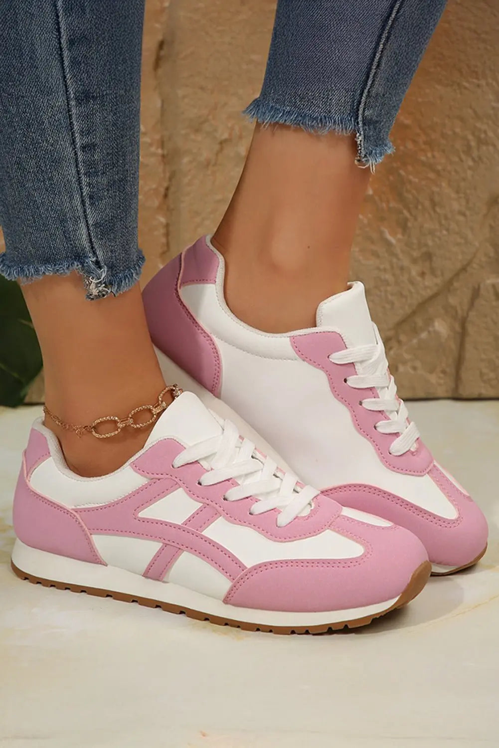 Pink Contrast Lace Up Round Toe Sneakers