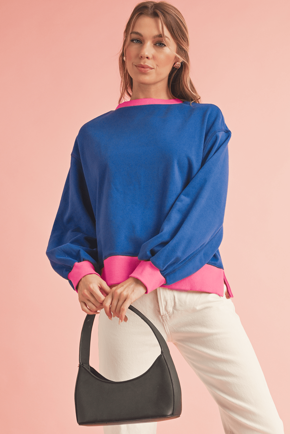 Pink Contrast Trim Bubble Sleeve Sweatshirt
