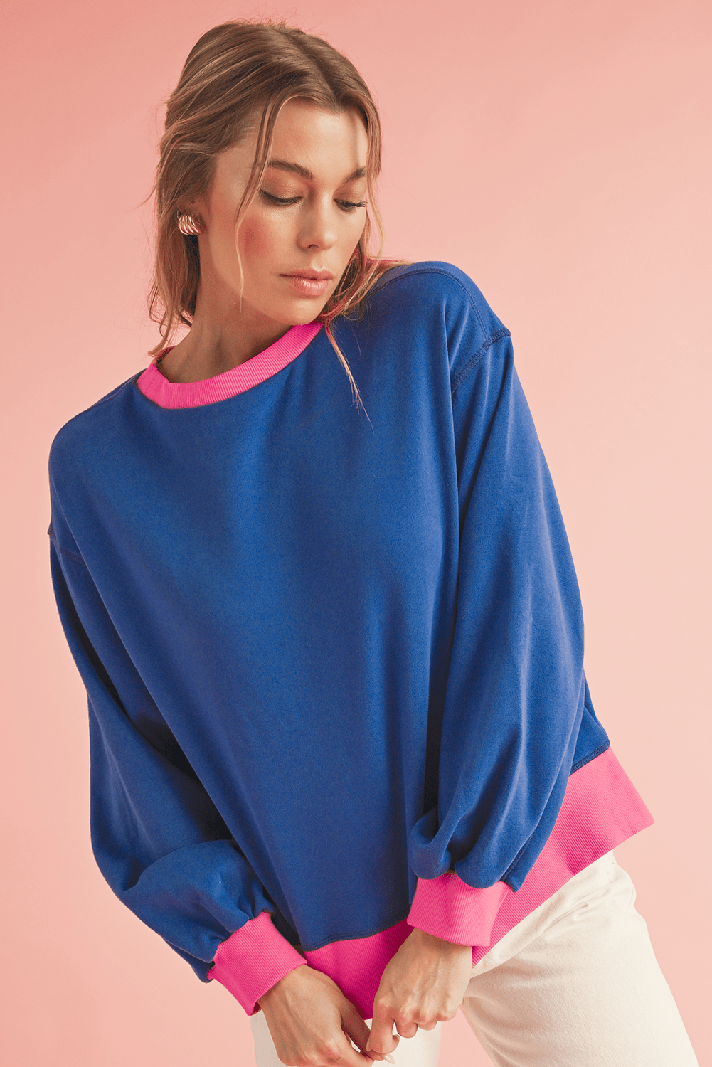 Pink Contrast Trim Bubble Sleeve Sweatshirt