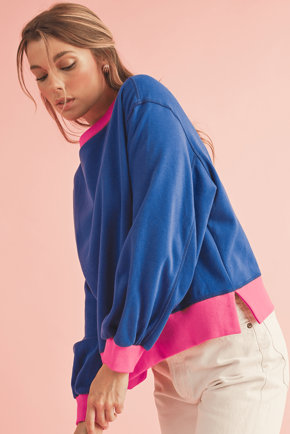 Pink Contrast Trim Bubble Sleeve Sweatshirt