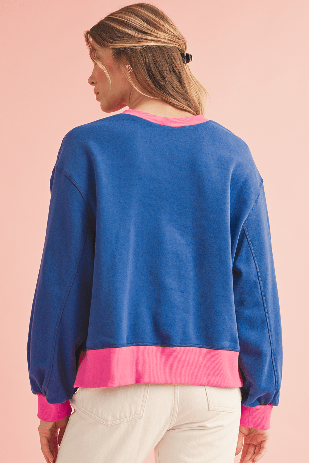 Pink Contrast Trim Bubble Sleeve Sweatshirt
