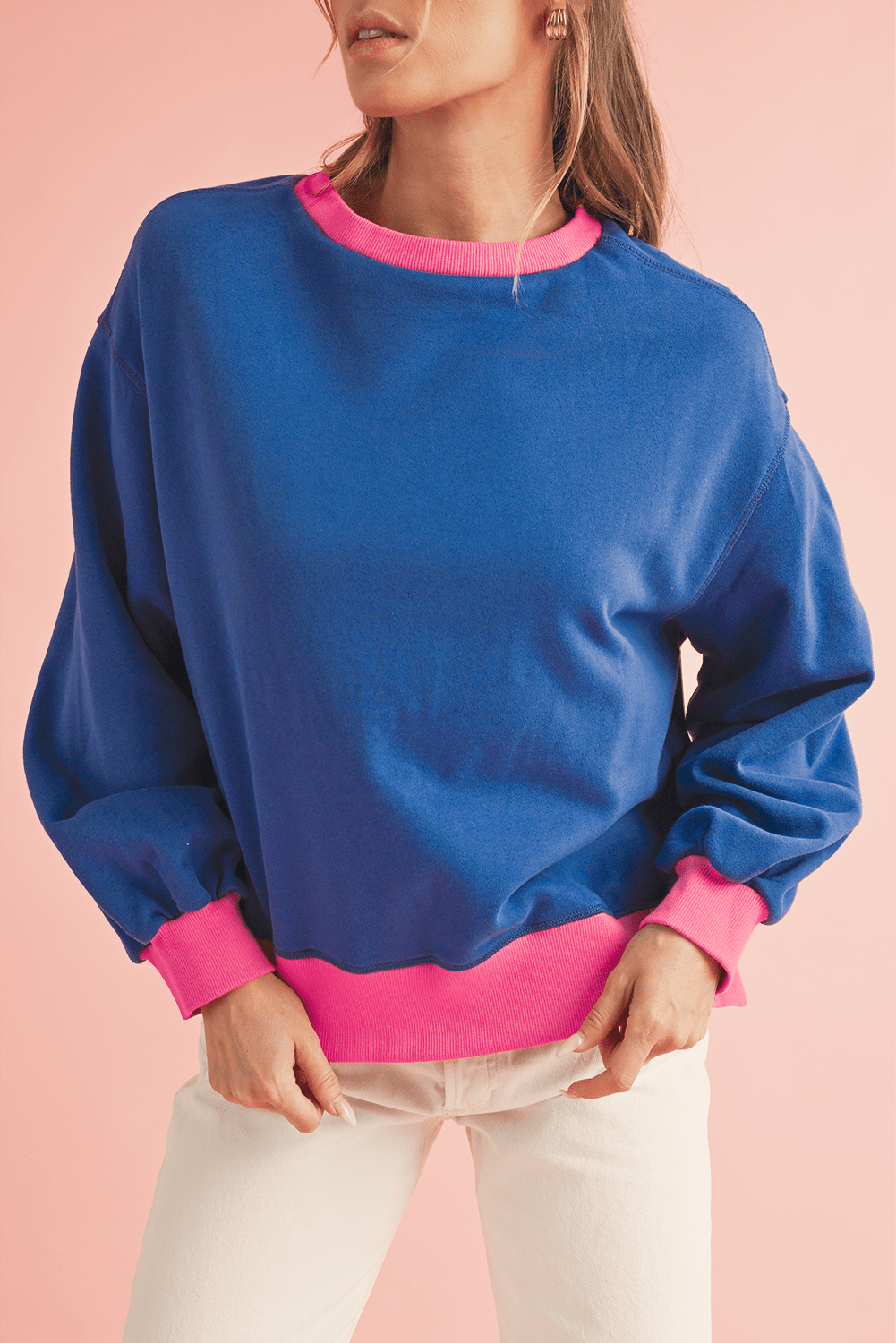 Pink Contrast Trim Bubble Sleeve Sweatshirt