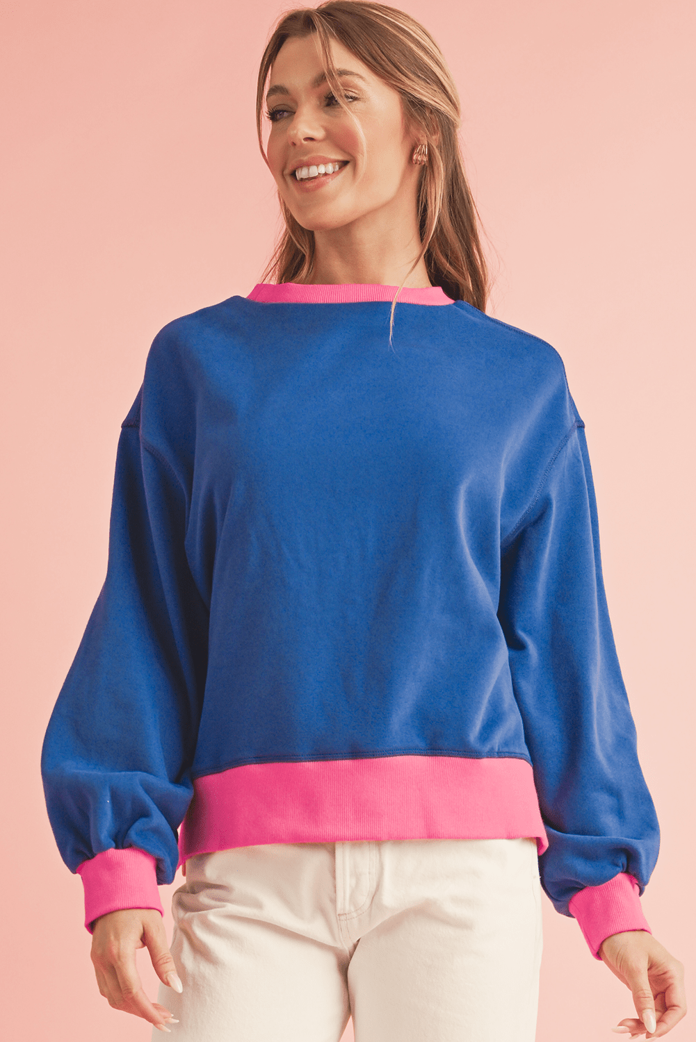 Pink Contrast Trim Bubble Sleeve Sweatshirt