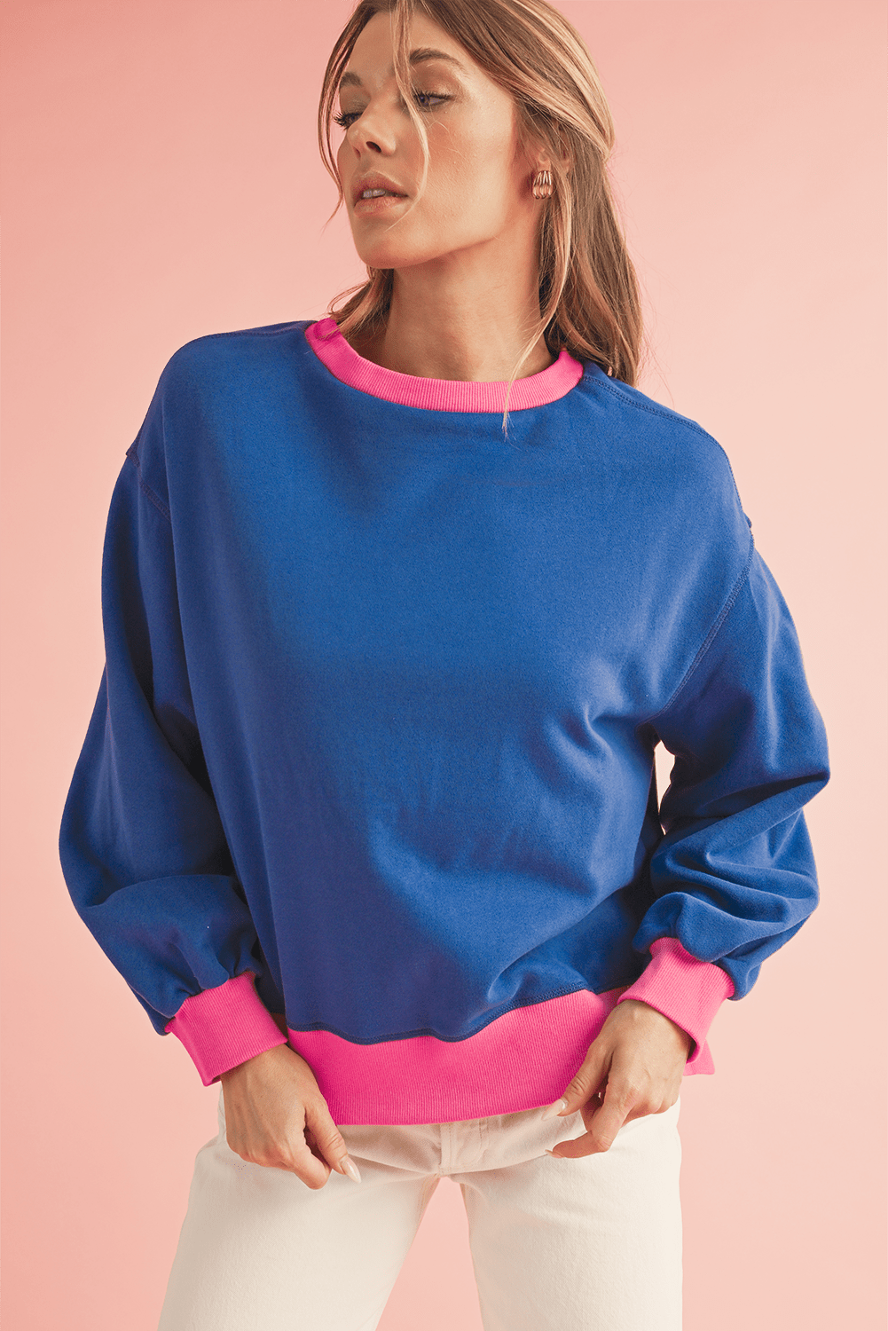 Pink Contrast Trim Bubble Sleeve Sweatshirt
