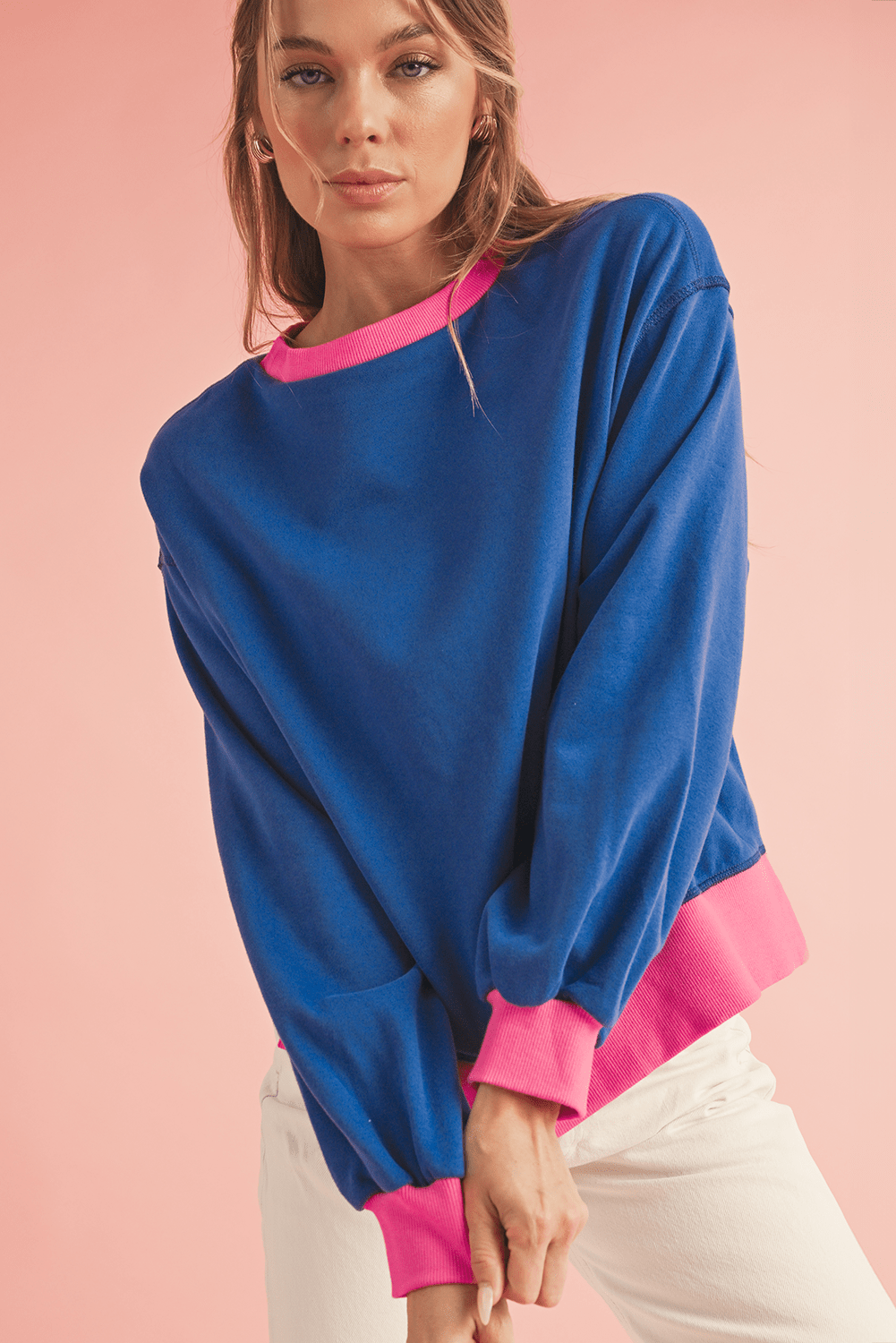 Pink Contrast Trim Bubble Sleeve Sweatshirt