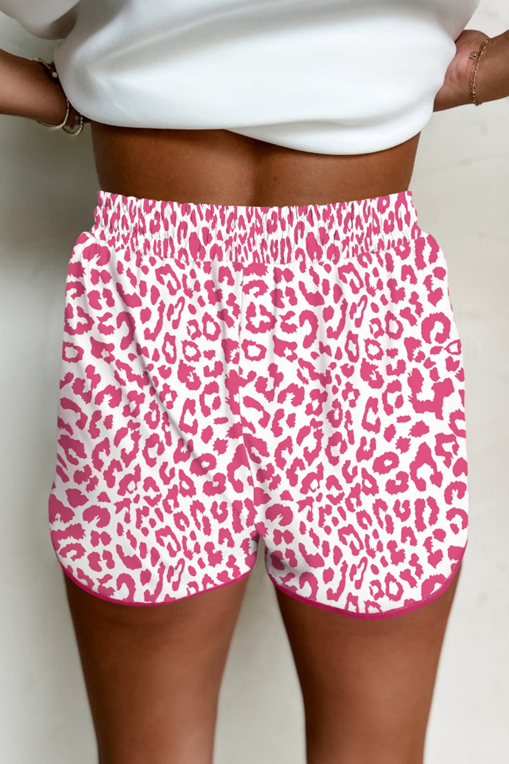 Pink Leopard Elastic Waist Lace Up Contrast Trim Casual Shorts