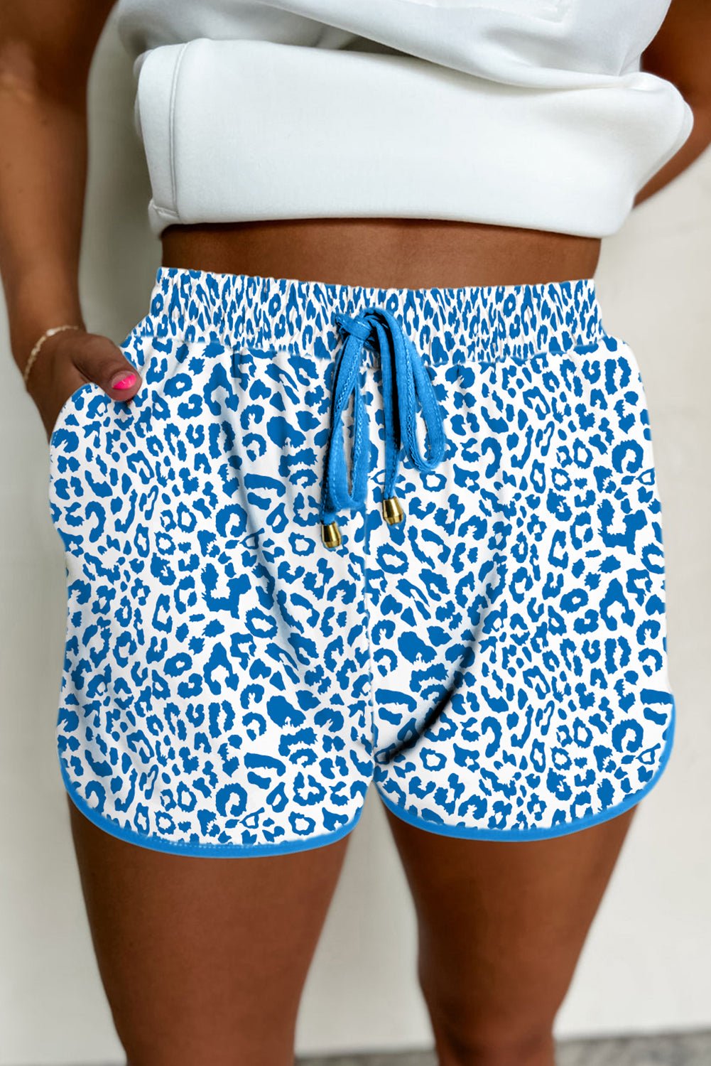 Pink Leopard Elastic Waist Lace Up Contrast Trim Casual Shorts