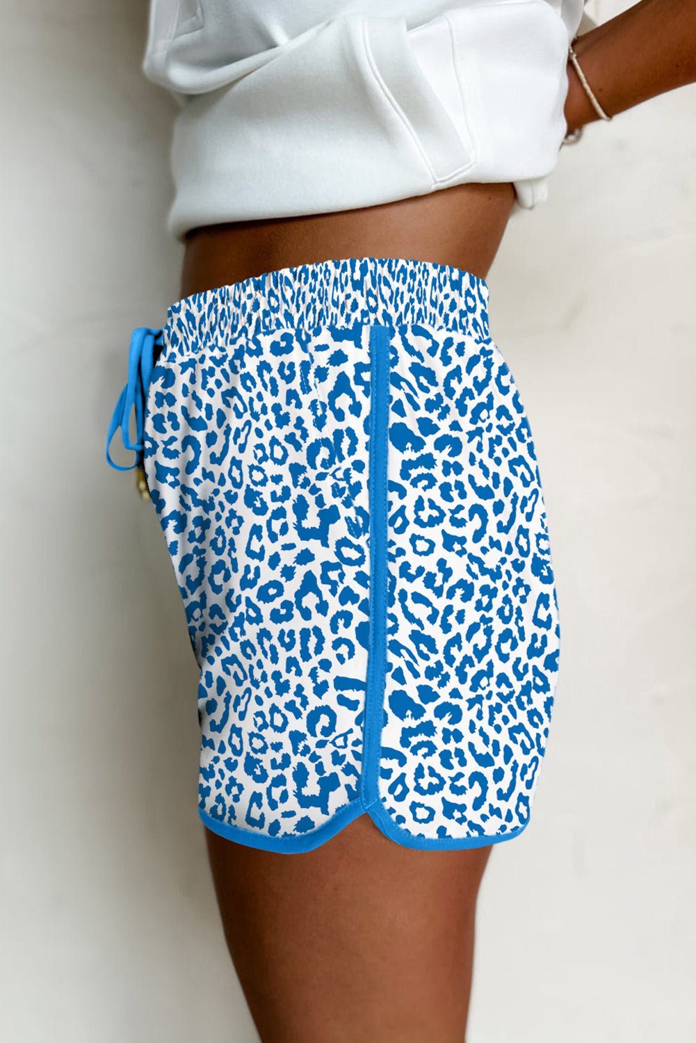 Pink Leopard Elastic Waist Lace Up Contrast Trim Casual Shorts