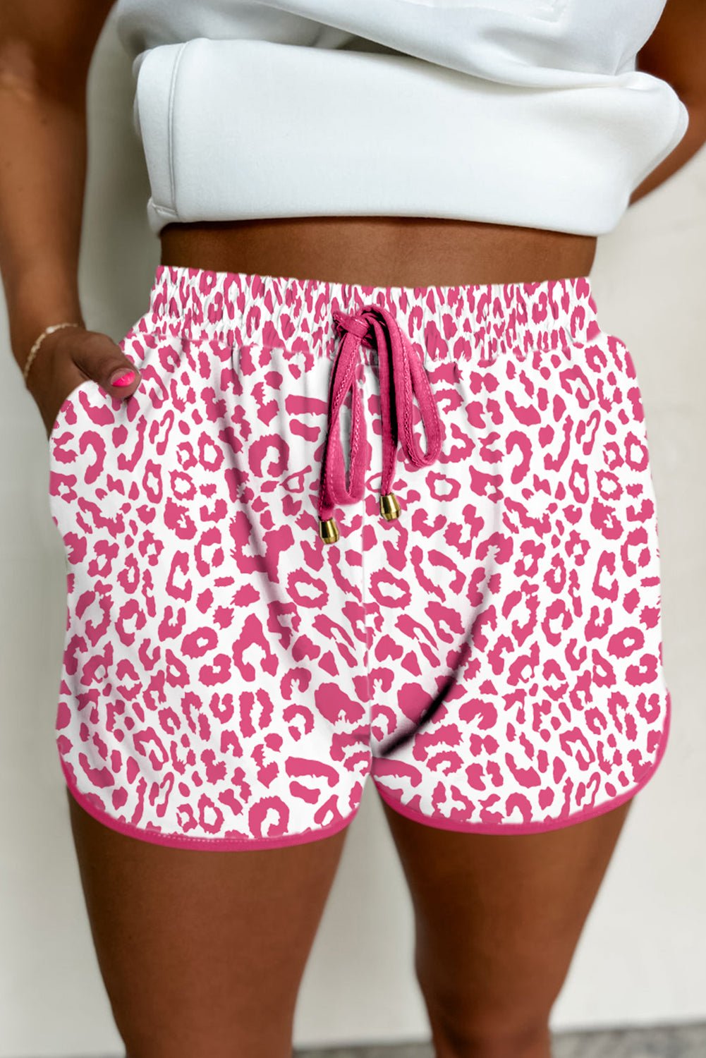 Pink Leopard Elastic Waist Lace Up Contrast Trim Casual Shorts
