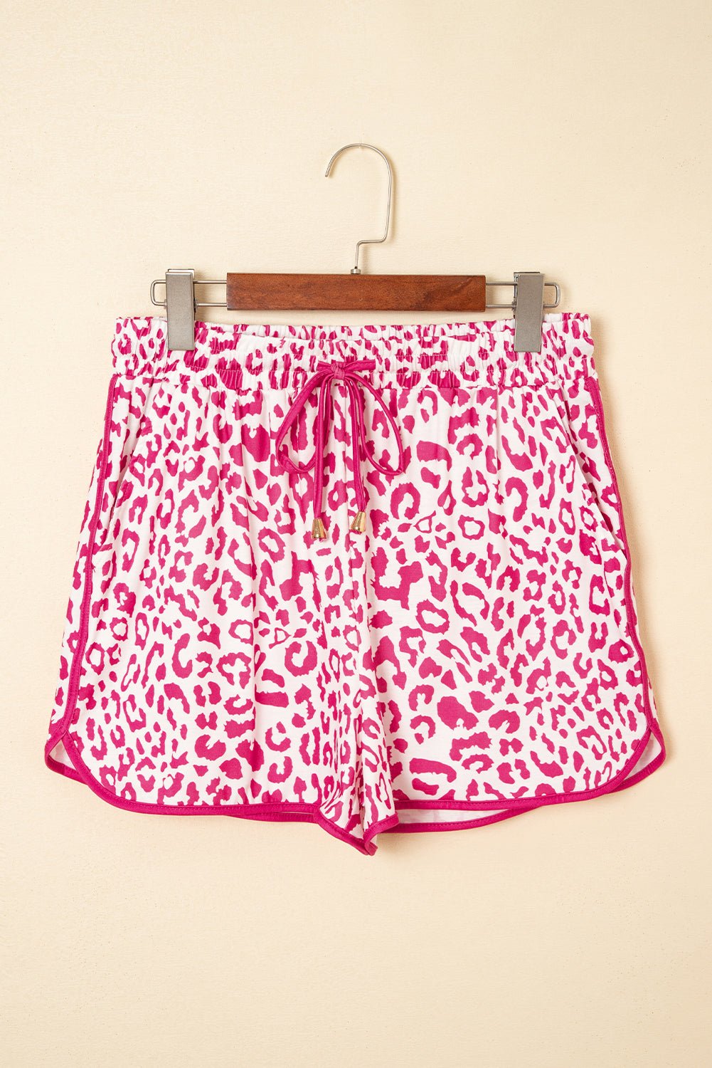 Pink Leopard Elastic Waist Lace Up Contrast Trim Casual Shorts