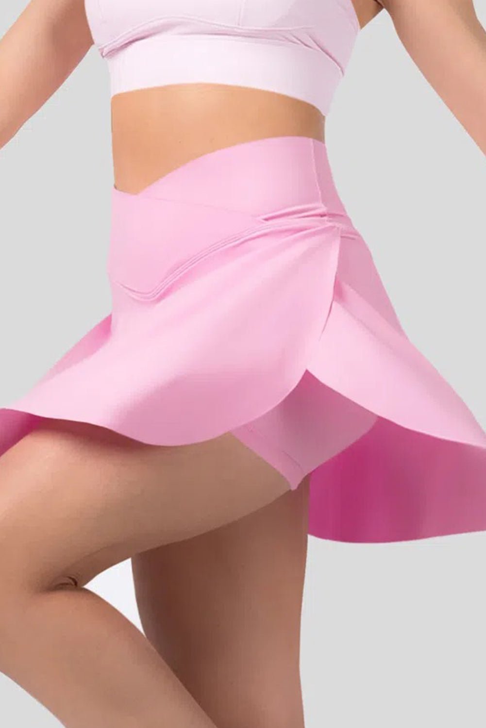 Pink Solid Pocketed Cross Criss High Waist Swim Skort