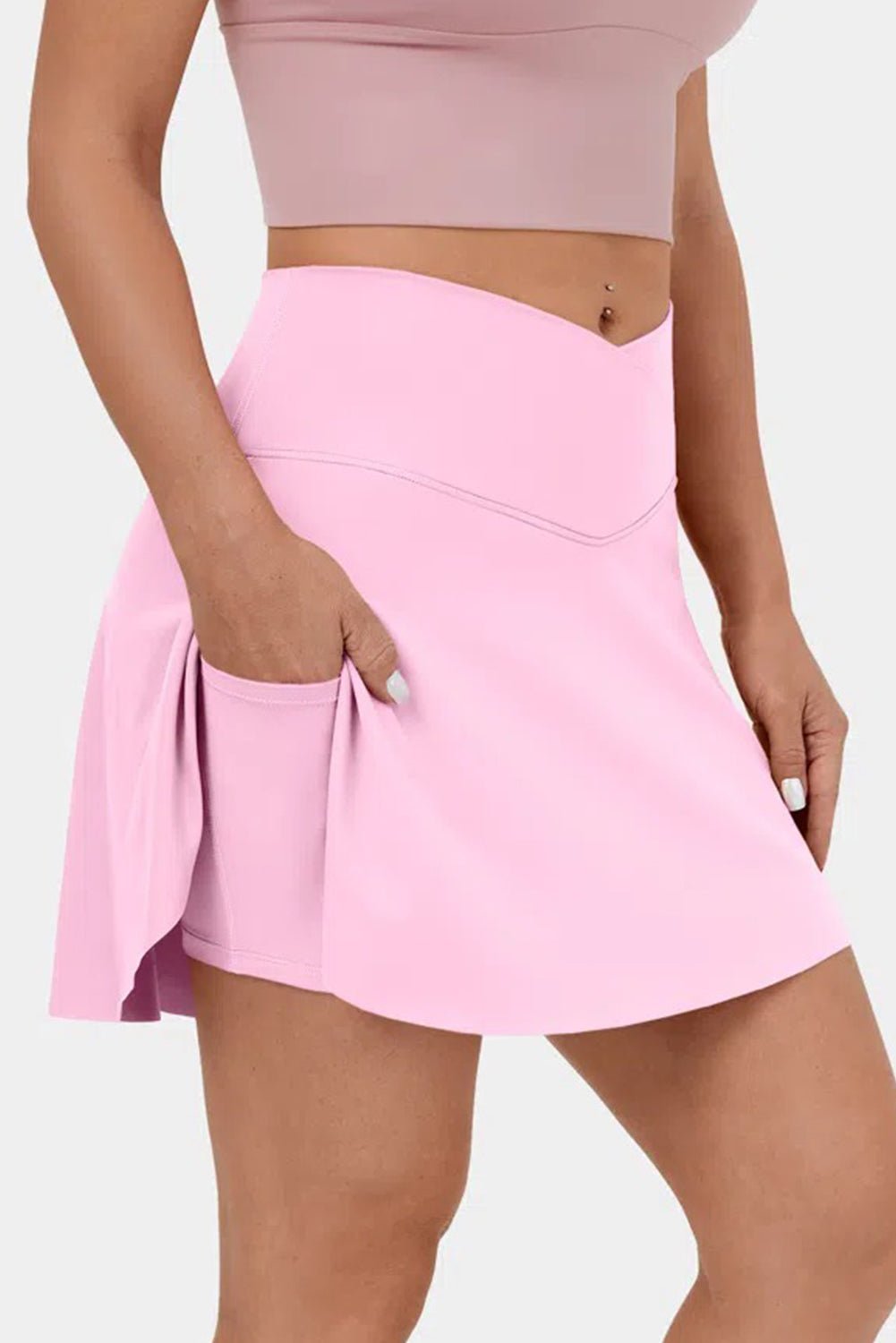 Pink Solid Pocketed Cross Criss High Waist Swim Skort