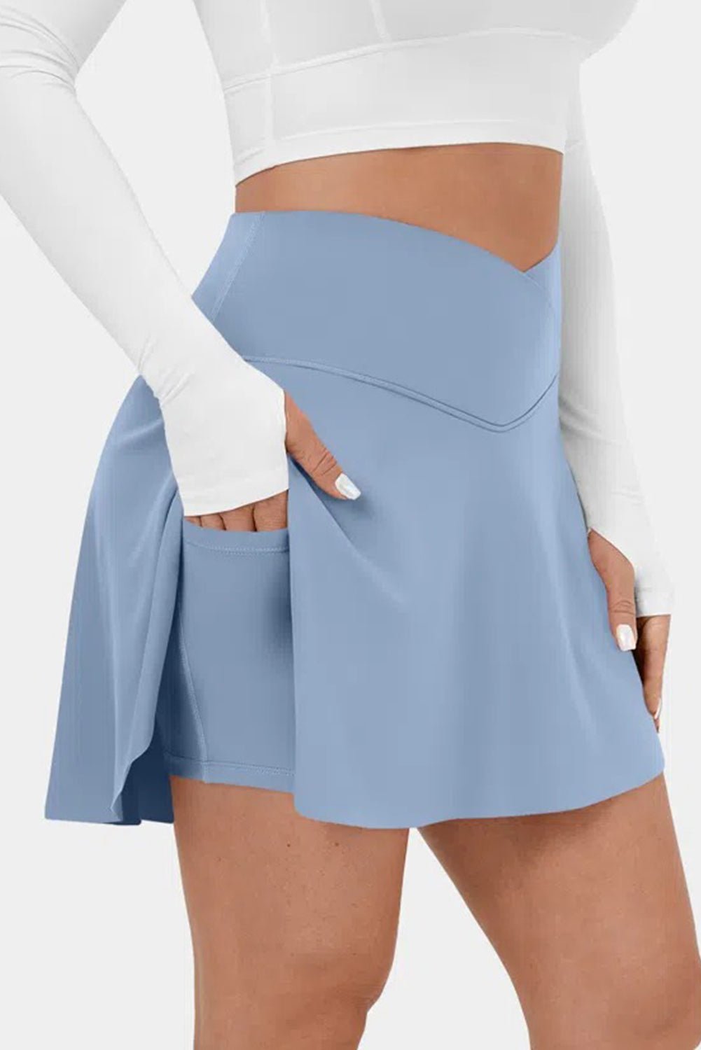 Pink Solid Pocketed Cross Criss High Waist Swim Skort