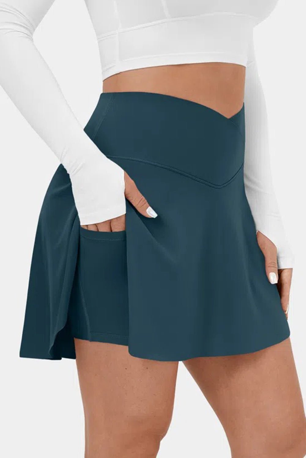 Pink Solid Pocketed Cross Criss High Waist Swim Skort
