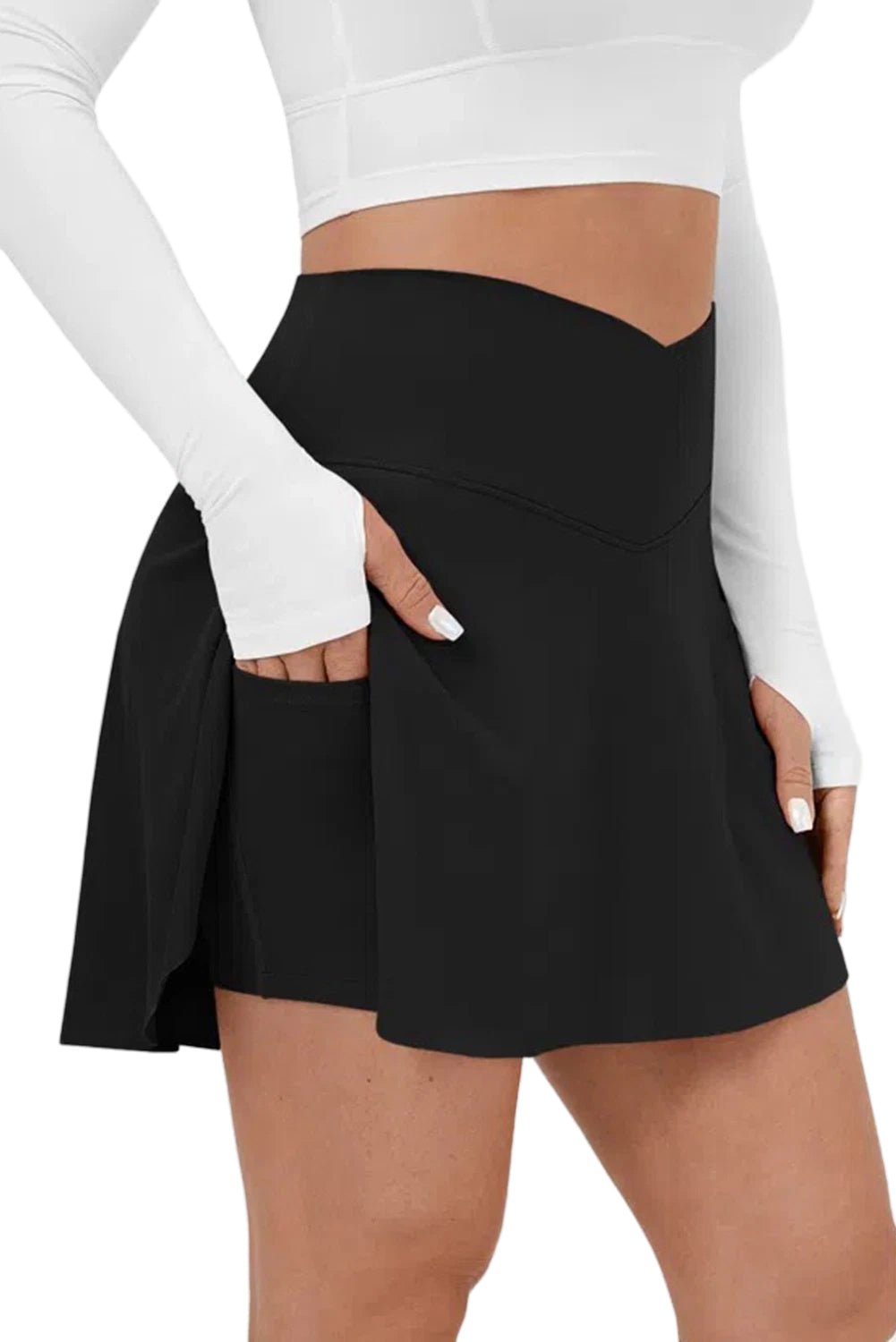 Pink Solid Pocketed Cross Criss High Waist Swim Skort