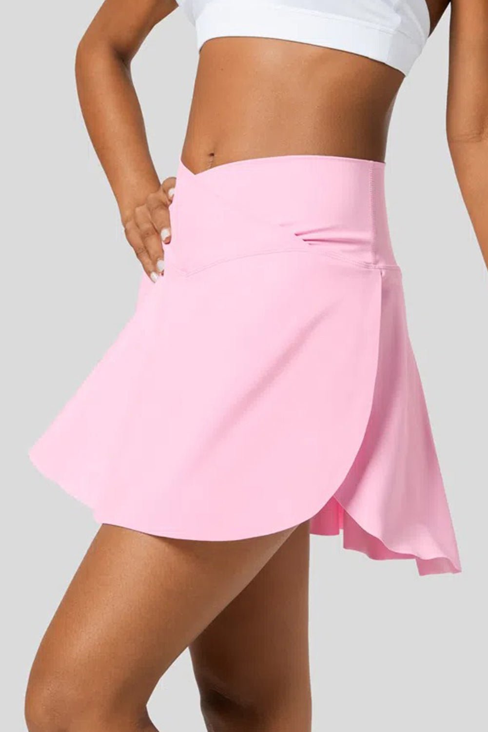 Pink Solid Pocketed Cross Criss High Waist Swim Skort