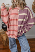 Pink Striped Patchwork Drop Shoulder Sweatshirt