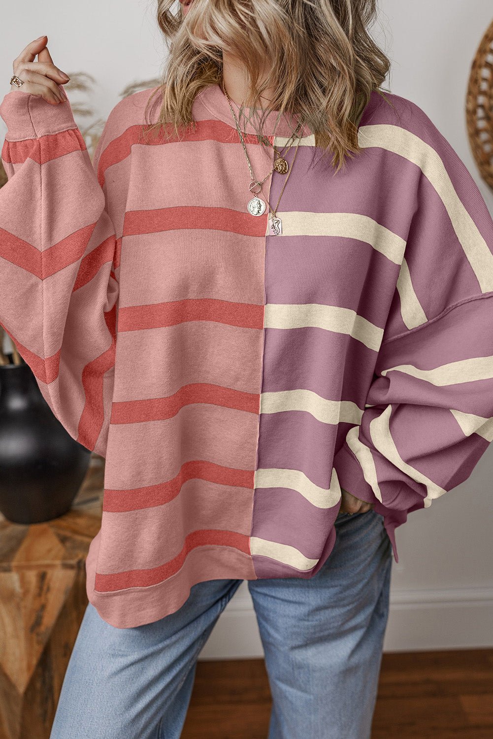 Pink Striped Patchwork Drop Shoulder Sweatshirt