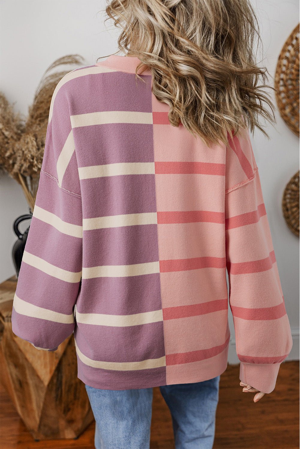 Pink Striped Patchwork Drop Shoulder Sweatshirt