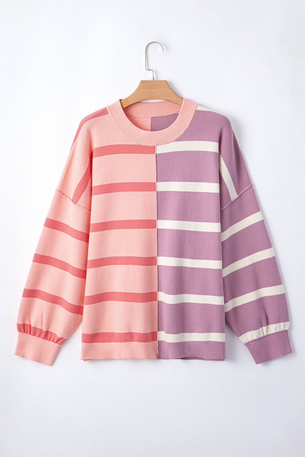 Pink Striped Patchwork Drop Shoulder Sweatshirt