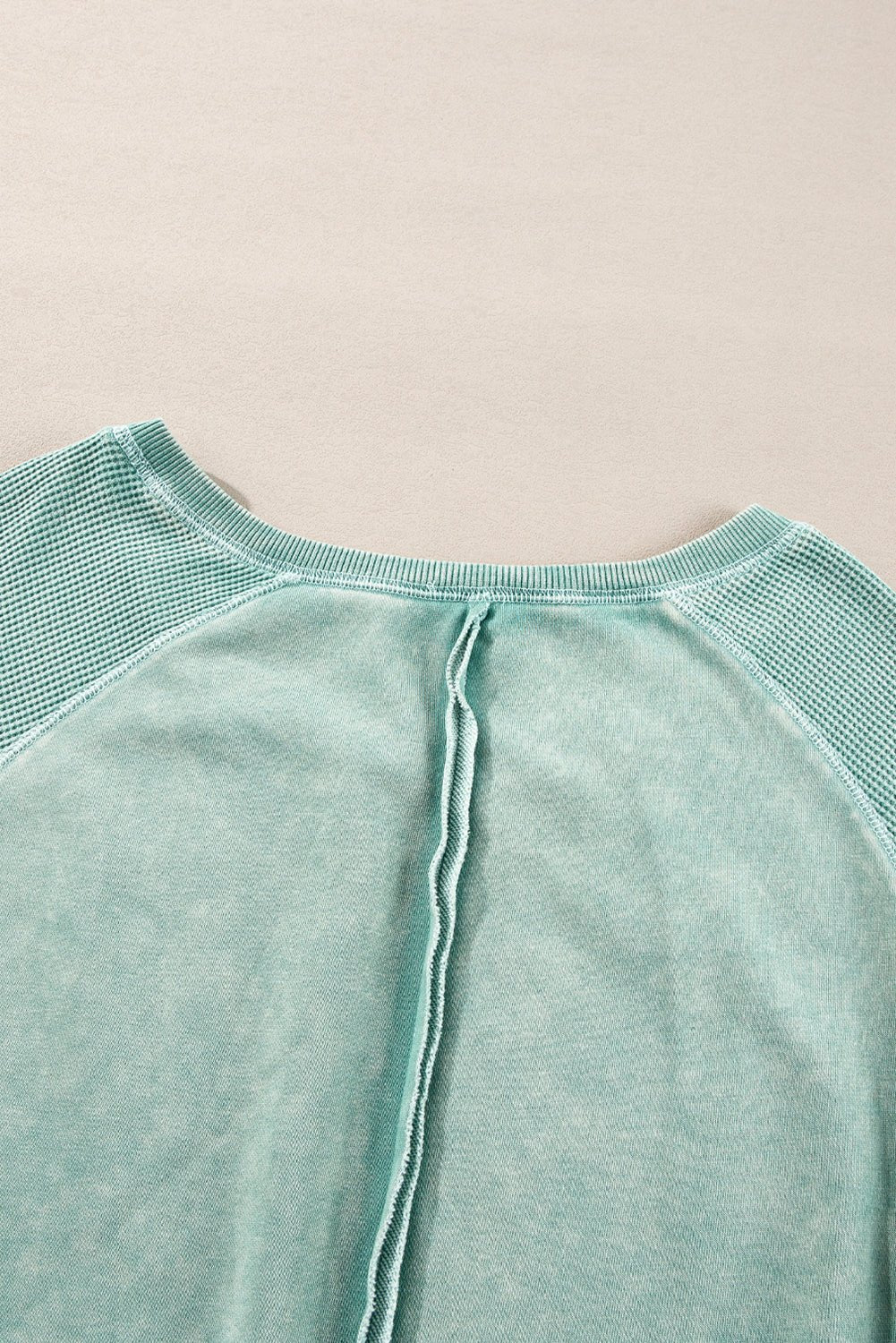 Pink Waffle Patchwork Raglan Sleeve Exposed Seam Sweatshirt