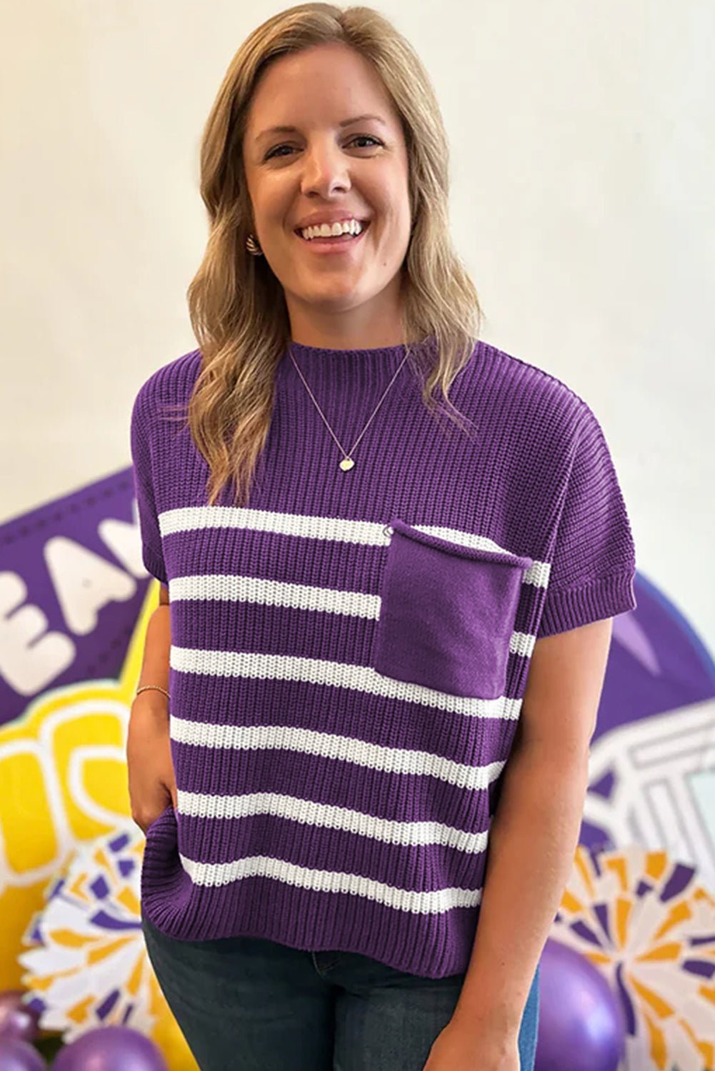 Purple Stripe Raw Edge Patched Pocket Short Sleeve Knit Sweater