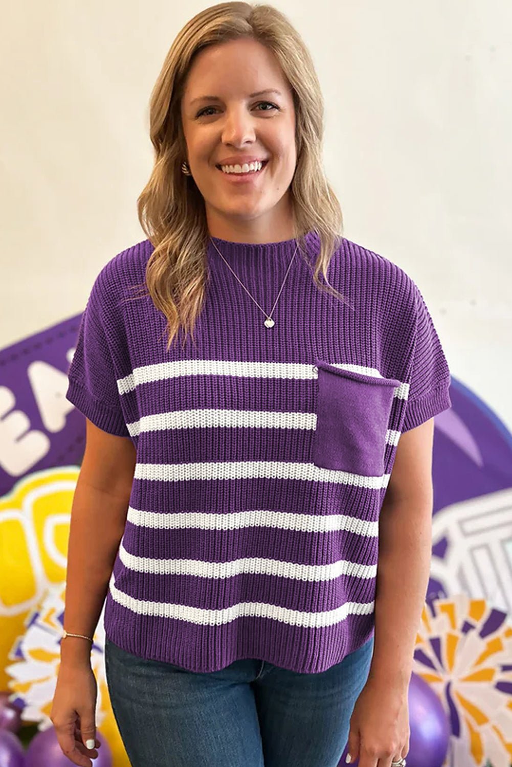 Purple Stripe Raw Edge Patched Pocket Short Sleeve Knit Sweater