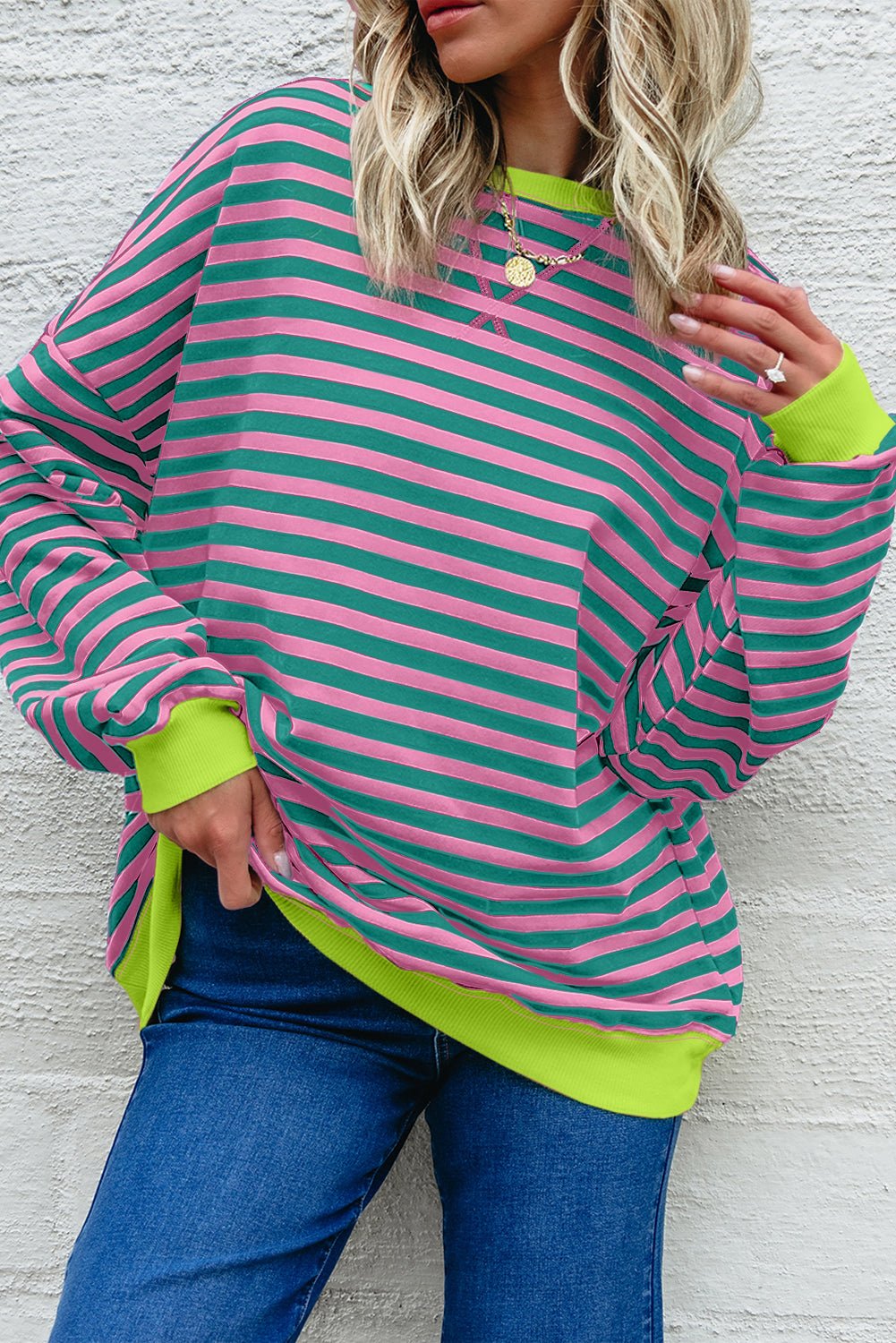 Racing Red Striped Contrast Trim Drop Shoulder Sweatshirt