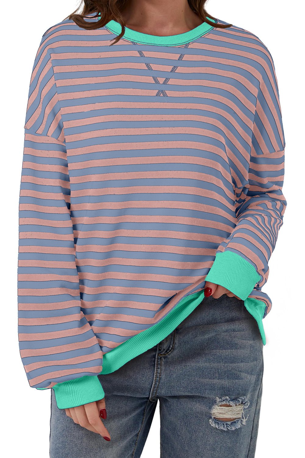 Racing Red Striped Contrast Trim Drop Shoulder Sweatshirt