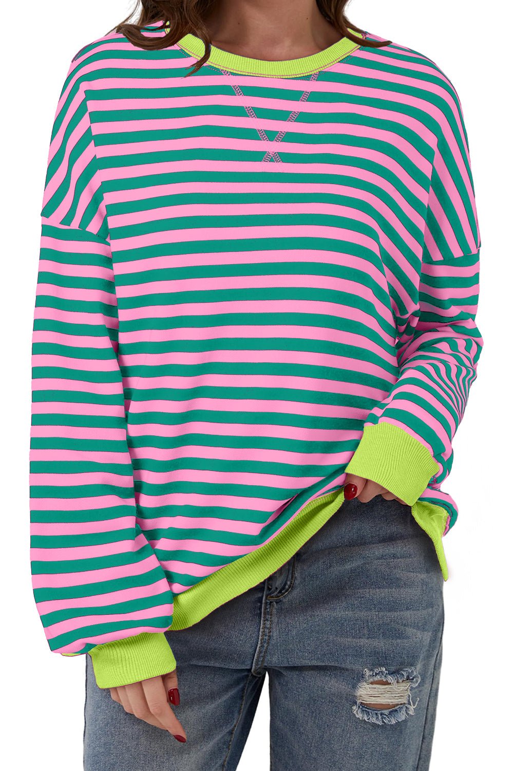 Racing Red Striped Contrast Trim Drop Shoulder Sweatshirt
