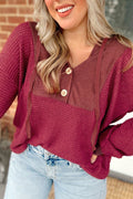 Racing Red Waffle Patchwork Drop Shoulder Hooded Long Sleeve Top
