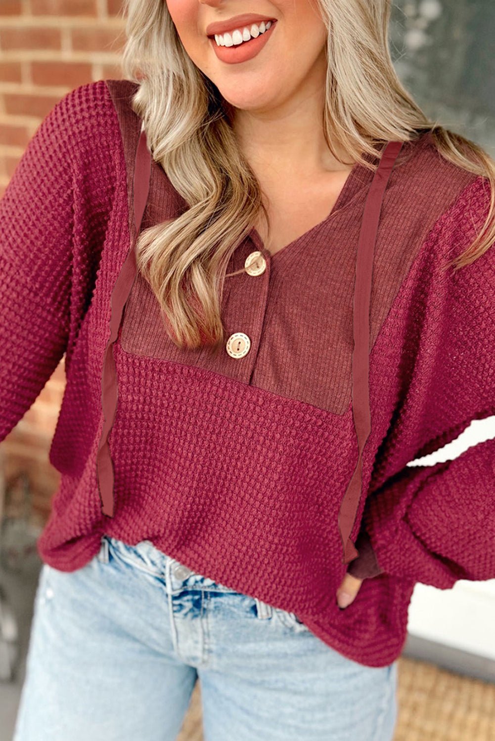 Racing Red Waffle Patchwork Drop Shoulder Hooded Long Sleeve Top