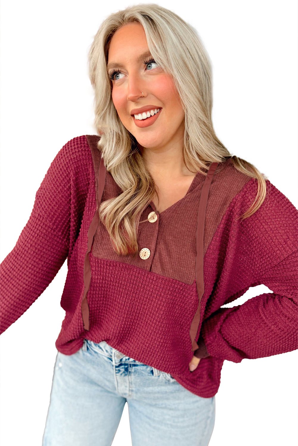 Racing Red Waffle Patchwork Drop Shoulder Hooded Long Sleeve Top