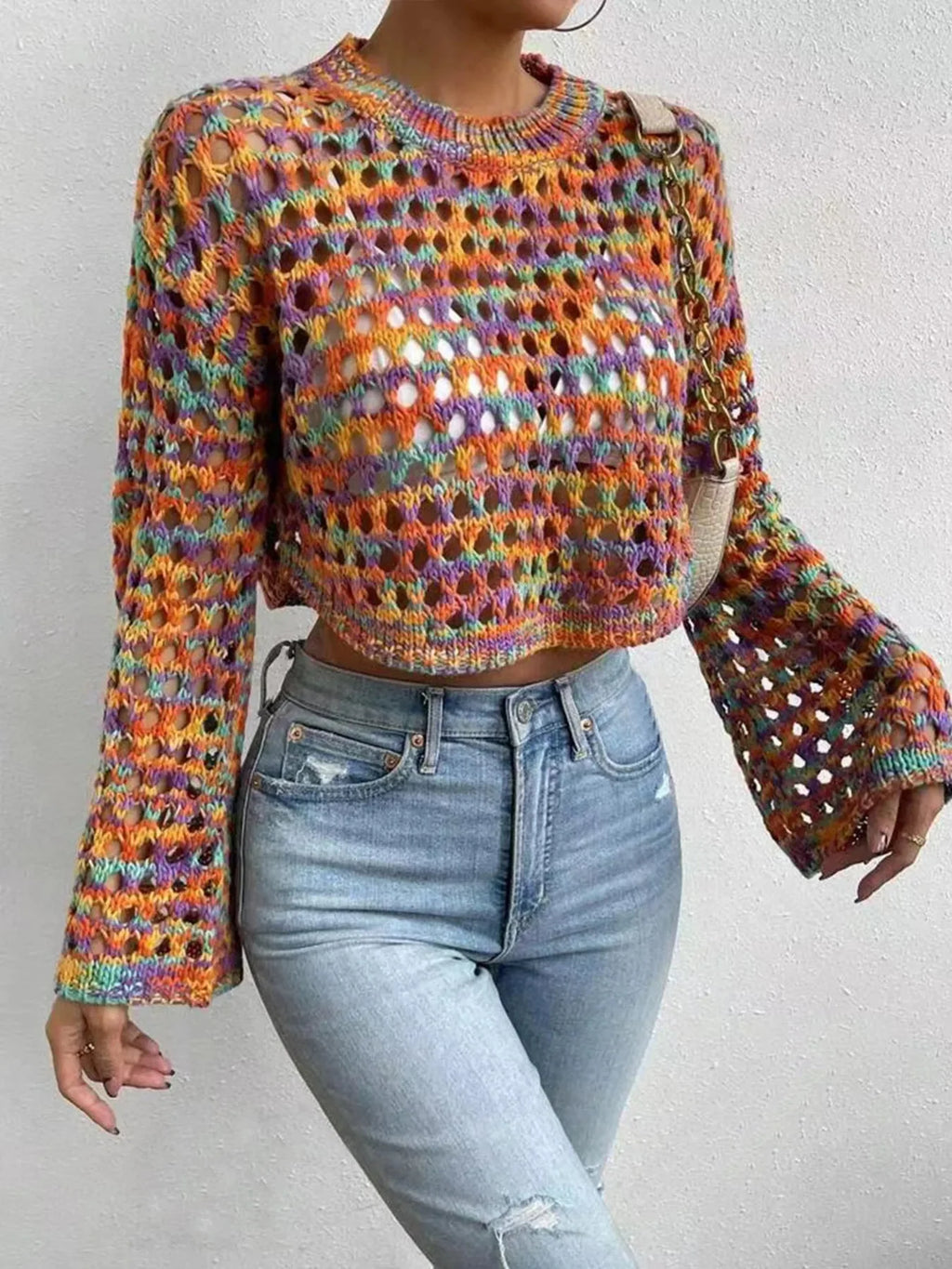 Rainbow Crochet Hollow Out Cropped Sweater