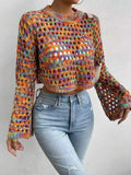 Rainbow Crochet Hollow Out Cropped Sweater