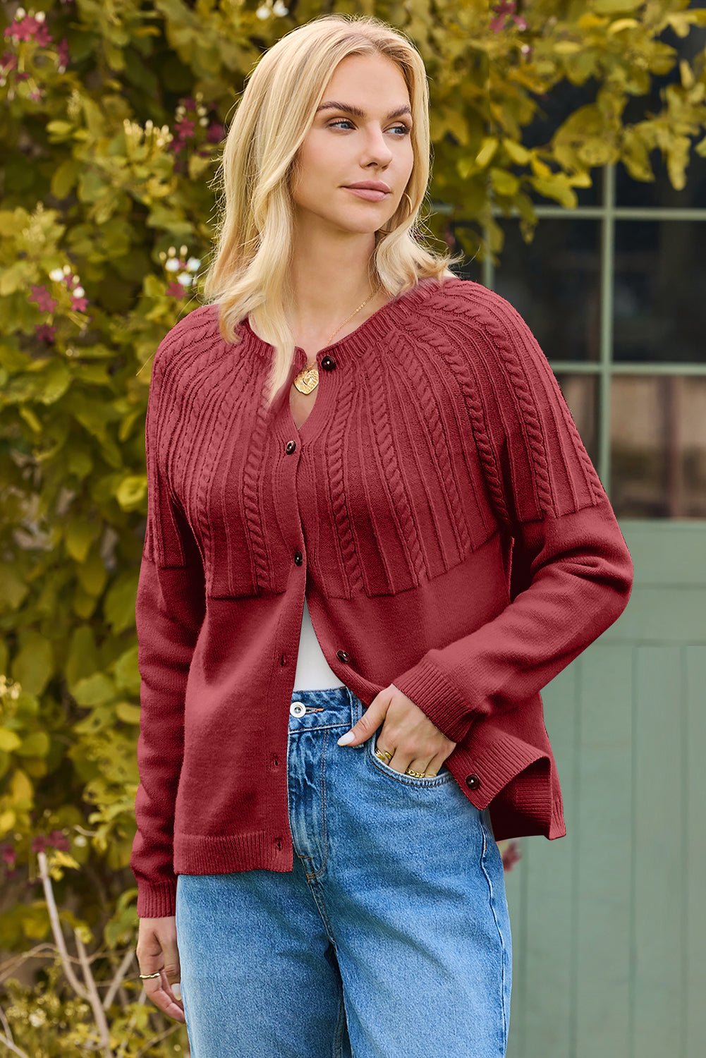 Red Dahlia Solid Color Textured Detail Button Down Long Sleeve Sweater Cardigan