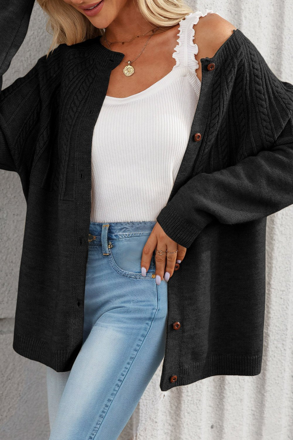 Red Dahlia Solid Color Textured Detail Button Down Long Sleeve Sweater Cardigan