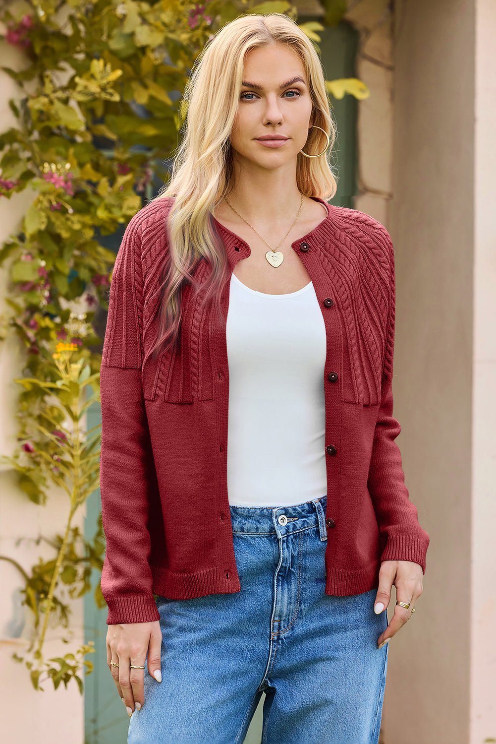 Red Dahlia Solid Color Textured Detail Button Down Long Sleeve Sweater Cardigan