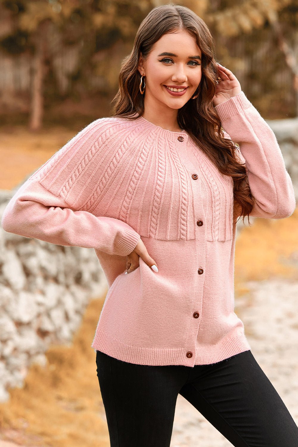 Red Dahlia Solid Color Textured Detail Button Down Long Sleeve Sweater Cardigan