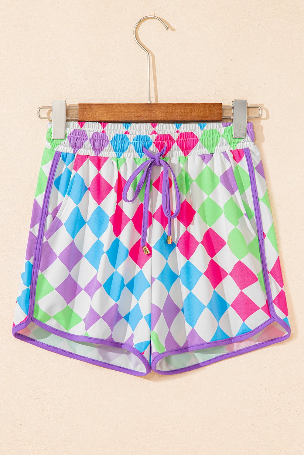 Rose Checkered Drawstring Elastic Waist Casual Shorts