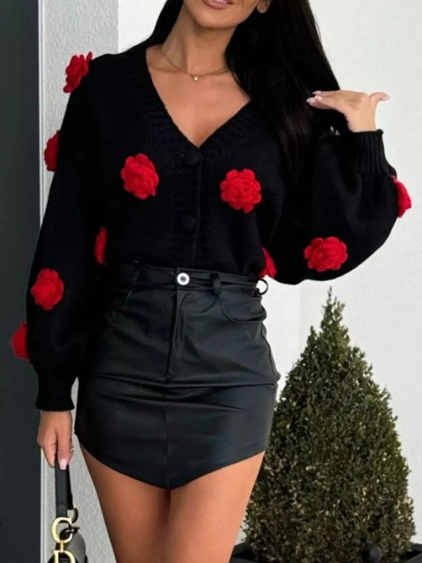 Rose Embellished V-Neck Cardigan