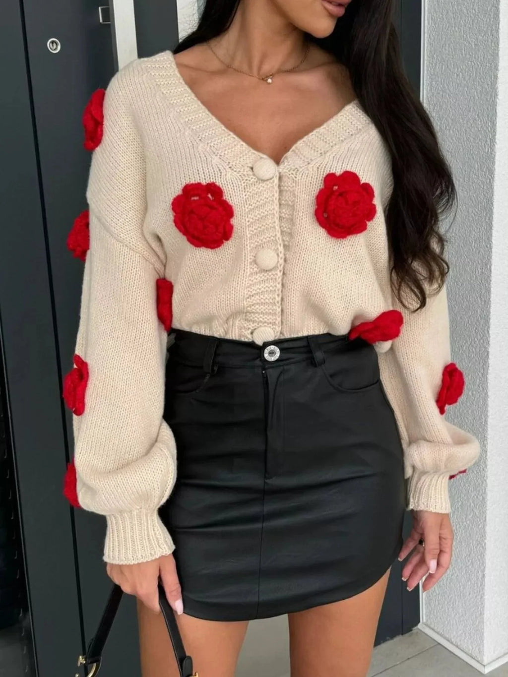 Rose Embellished V-Neck Cardigan