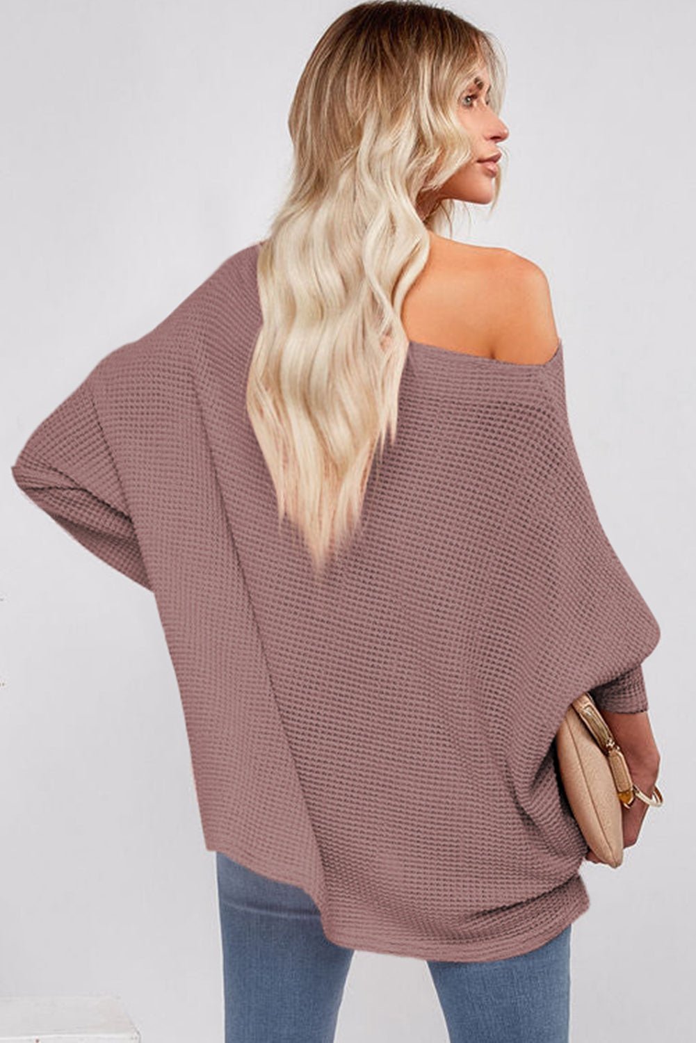Rose Pink Loose Long Sleeve Waffle Knit Top
