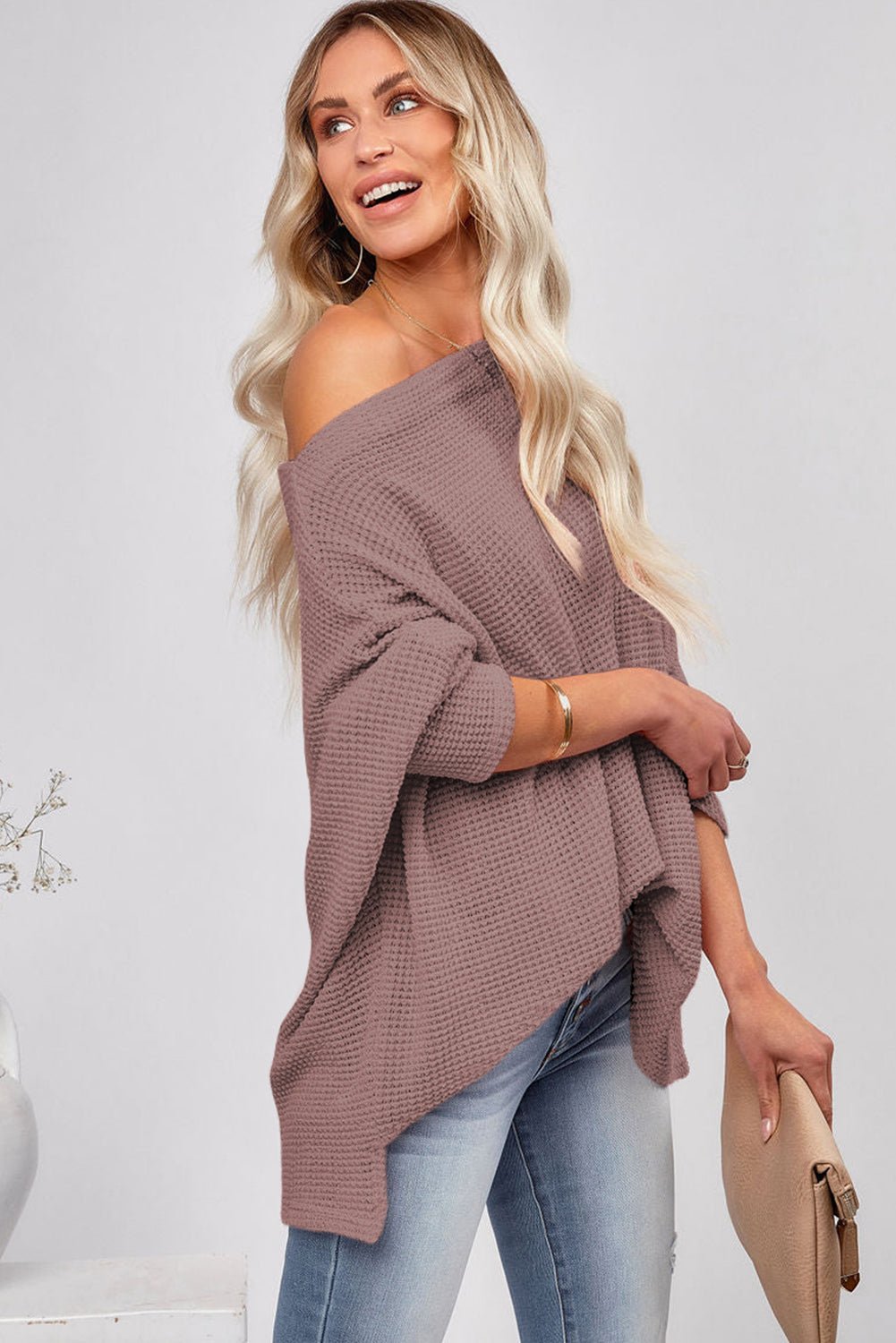 Rose Pink Loose Long Sleeve Waffle Knit Top