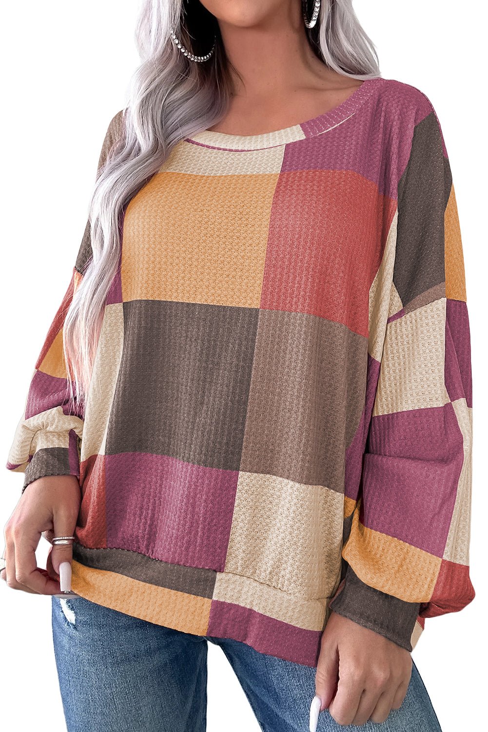 Rose Red Checkered Print Textured Knit Long Sleeve Loose Top