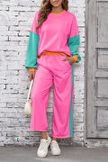 Rose Red Colorblock Patchwork Long Sleeve Top and Pants Set